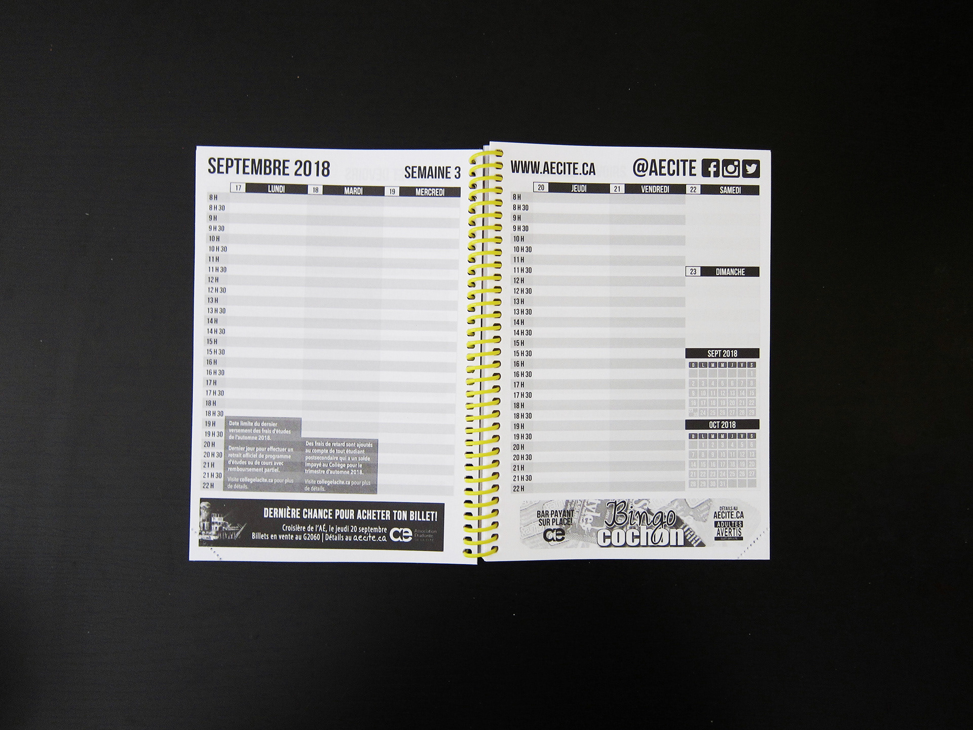 Weekly spread with horizontal columns and time slots.