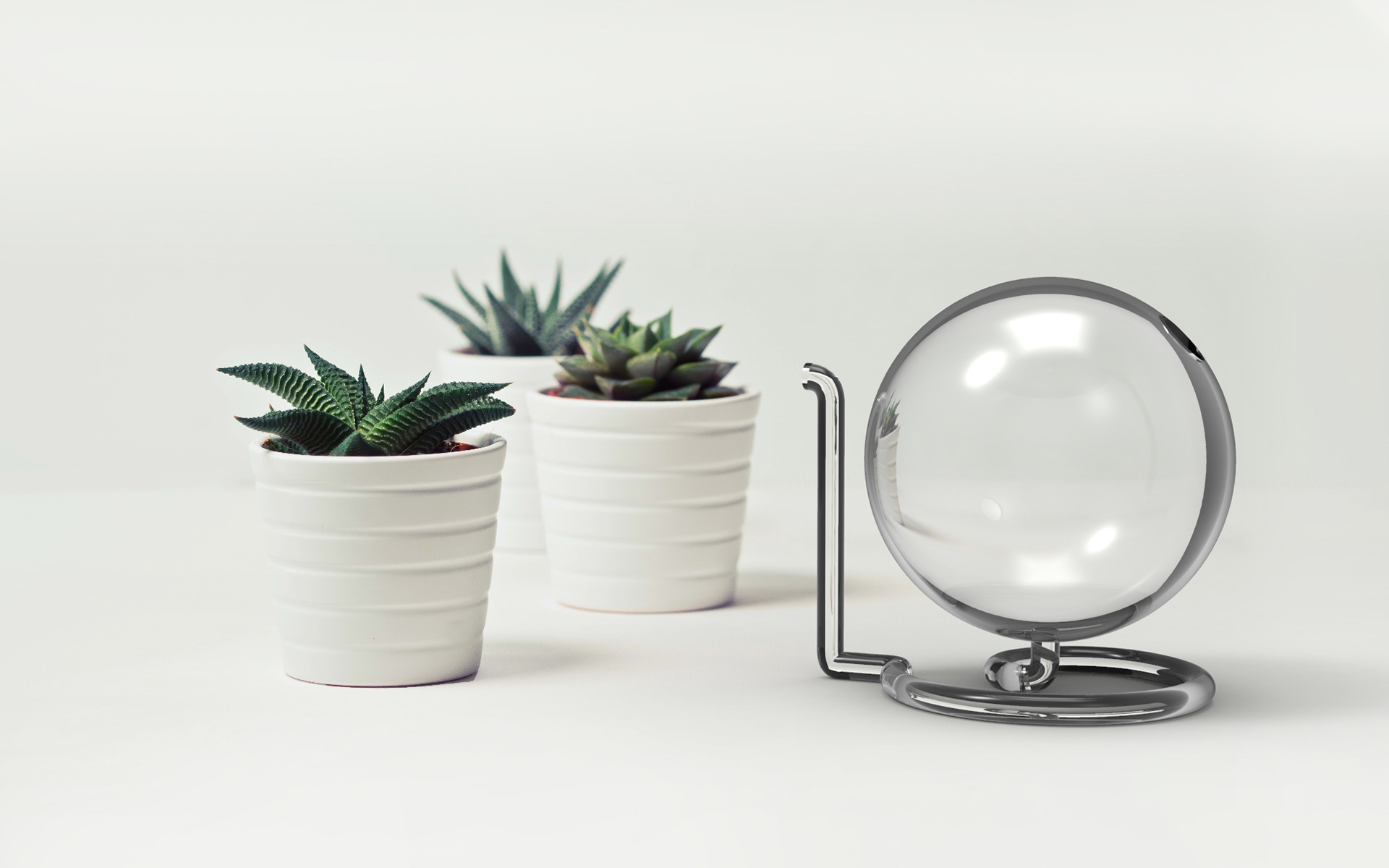 Rendering of glass watering can placed beside 3 succulents on a white table.