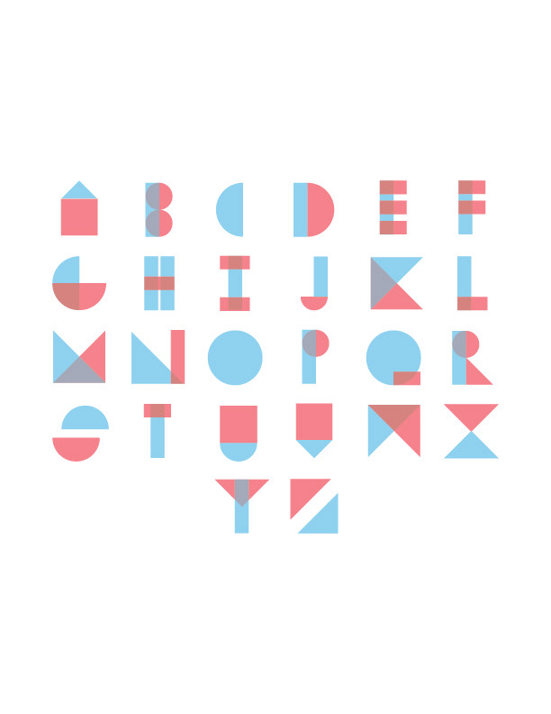 Alphabet design finalized in Adobe Illustrator. The design explores the use of circles, rectangles and triangles as the basic shapes needed to form the 26 letters of the English alphabet in their capital form. Here, they are illustrated in red and blue.