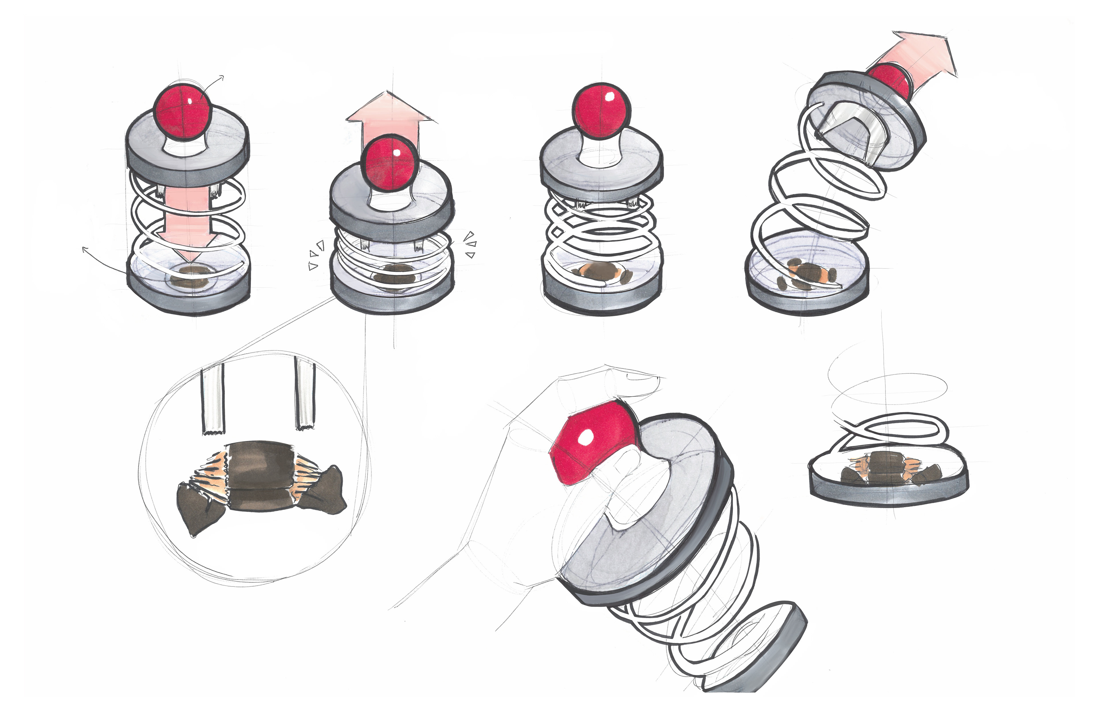 Third set of sketches showing a slam/spring release mechanism.