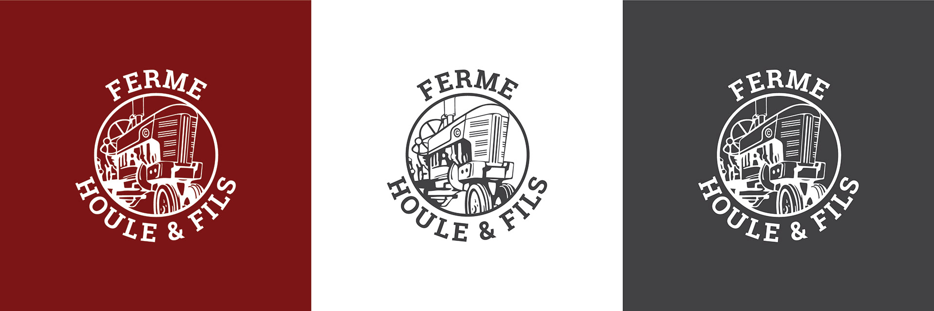 Ferme Houle & Fils logo on various coloured backgrounds (red, white, dark grey).