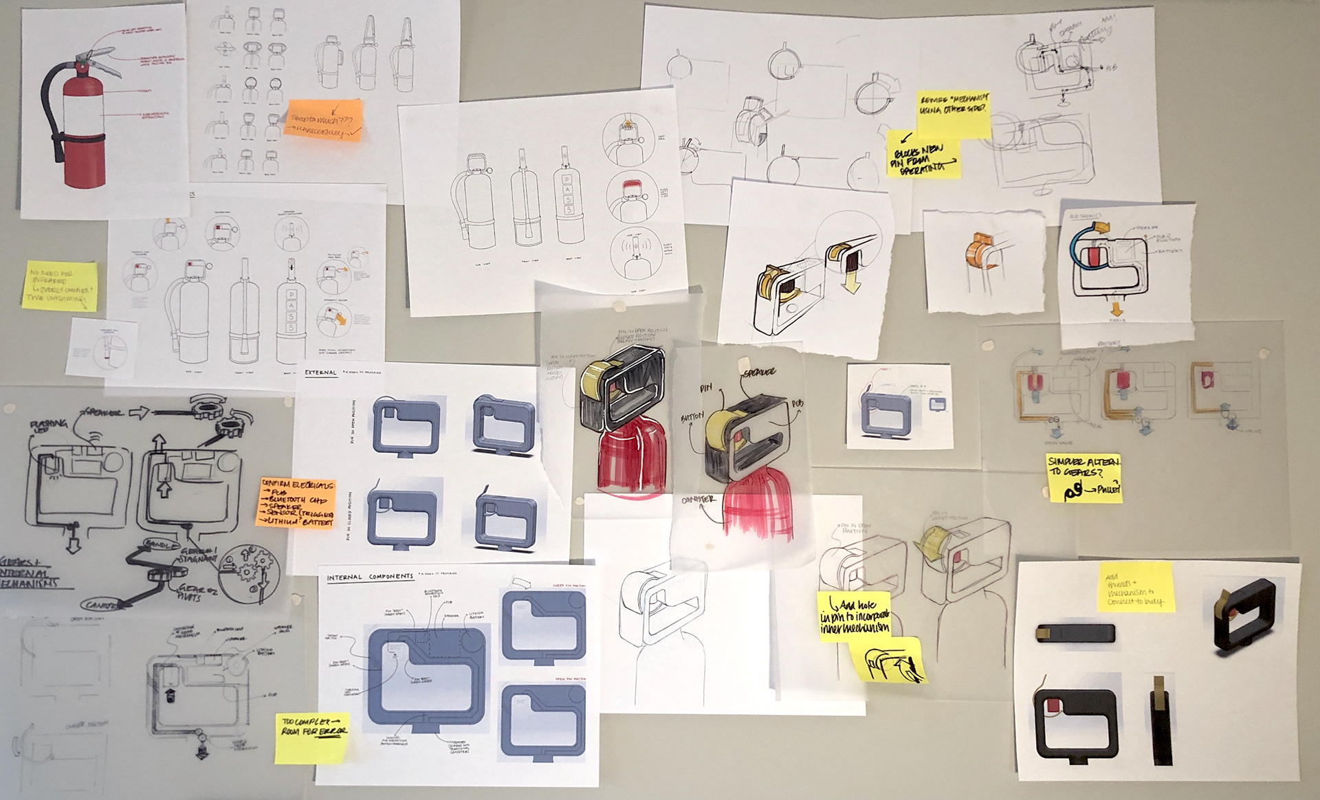 Wall of sketches and process work with annotations.