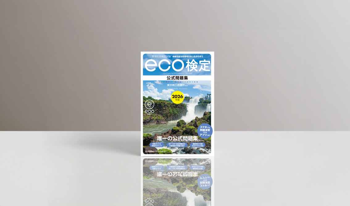 『2026年版 環境社会検定試験 eco検定公式問題集』（2026年刊行）の表紙デザイン。青空と雄大な滝、豊かな緑の風景写真を背景に、「eco検定」のタイトルと「2026年版」を配置。公式問題集としての信頼感とシリーズの統一感を重視した装丁デザイン。