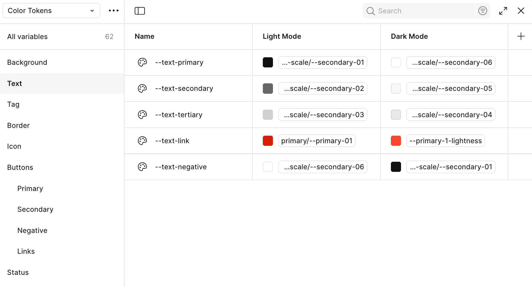 color tokens, text
