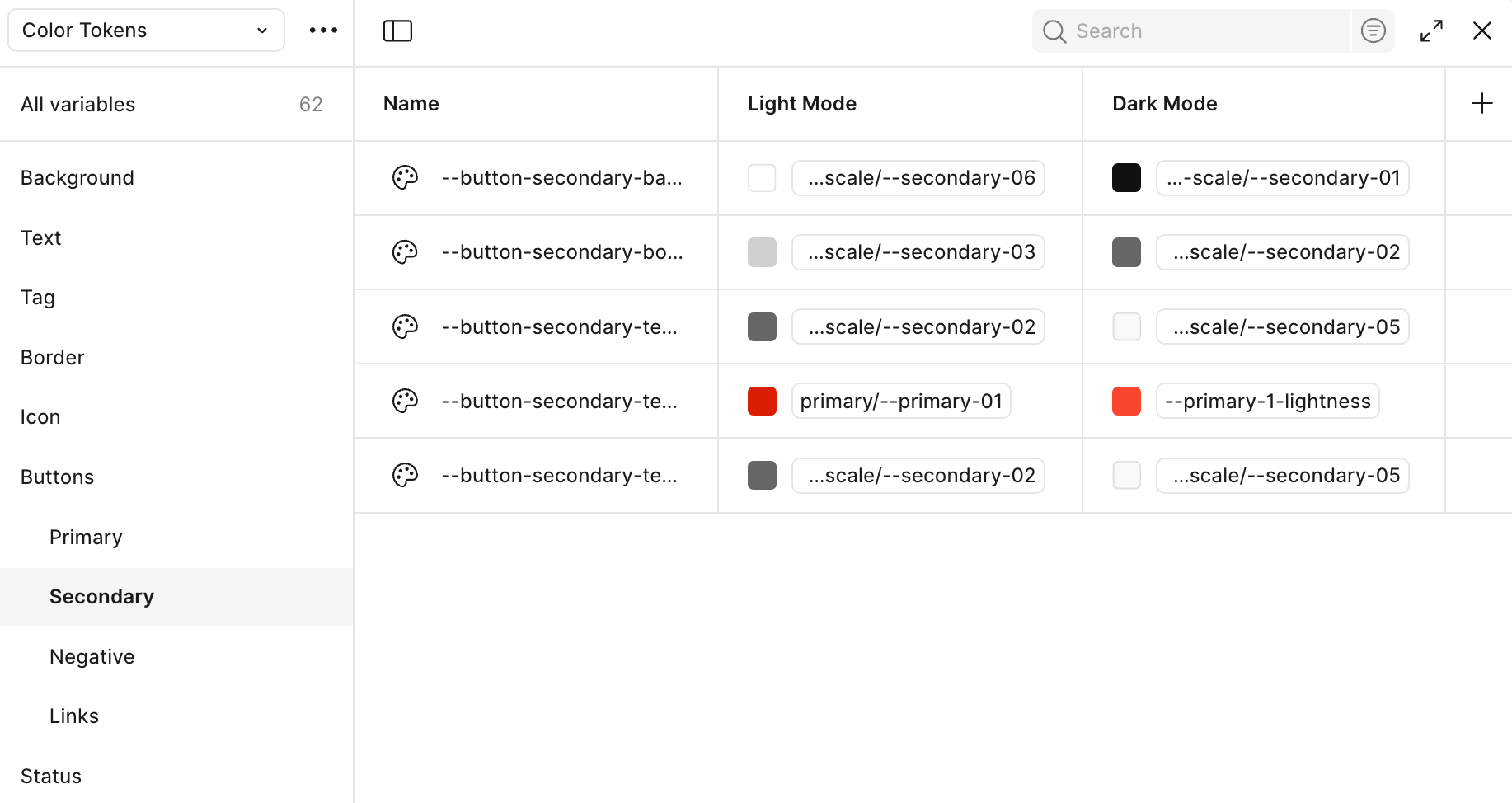 color tokens, buttons, secondary