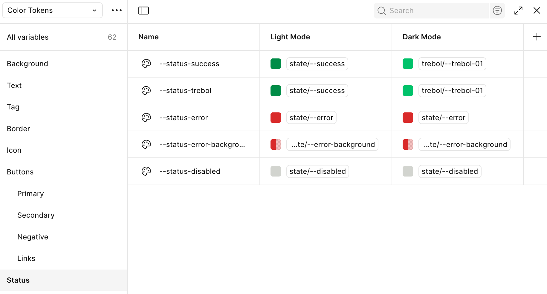 color tokens, status