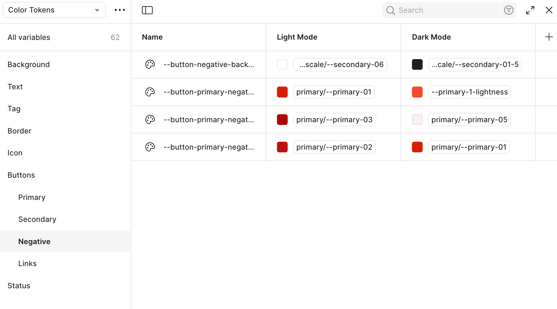 color tokens, buttons, negative