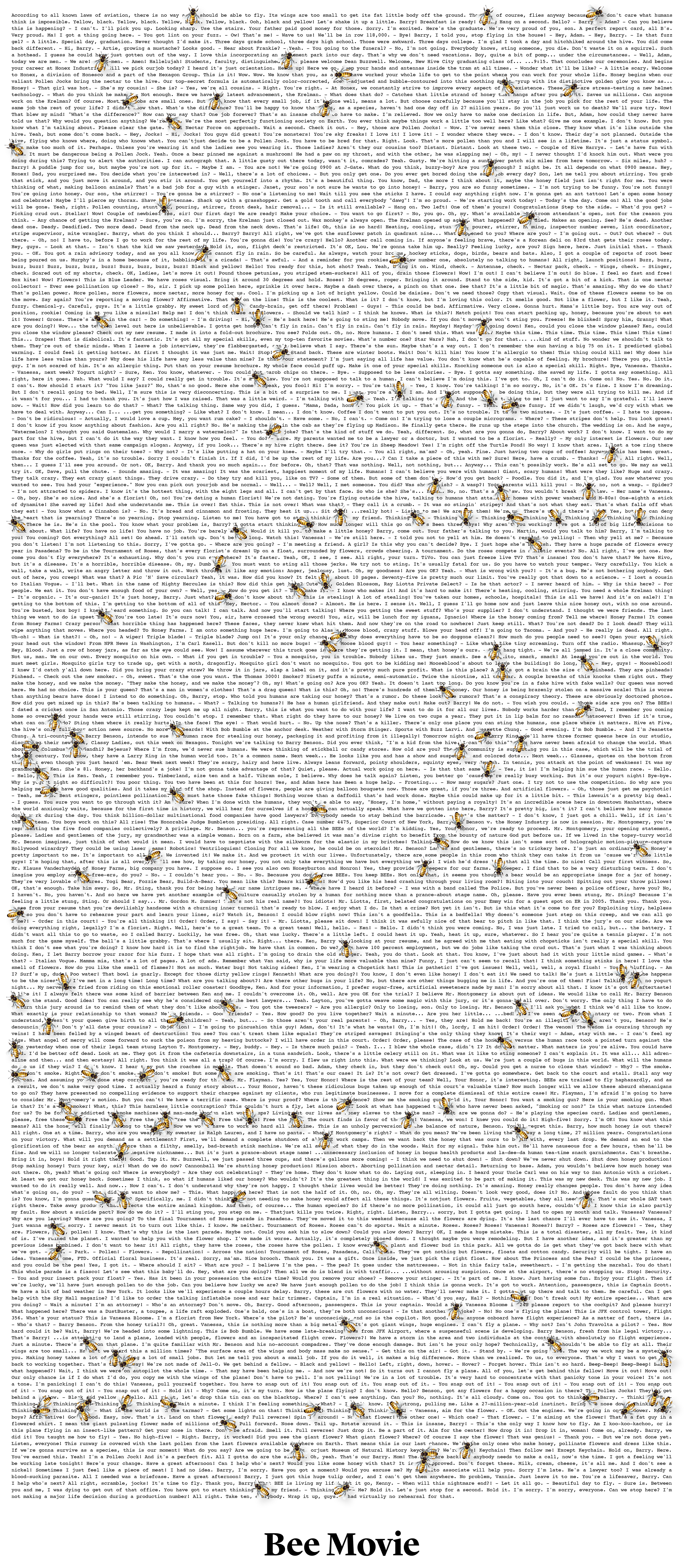 Replacing every use of the word "bee" in the entire script with an image of a Bee as visualization of the "Every Time But It Gets Faster" Meme.