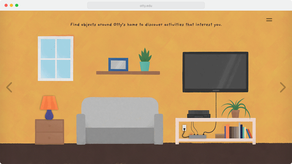 Clicking on animated objects gives you a preview for the activity, where you then decide if you would like to start the activity.