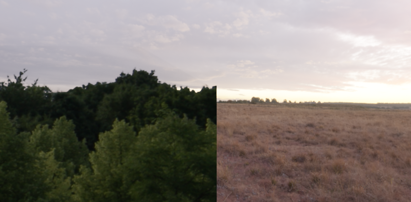 The scene backdrop (left) is a flat image set infront of an HDRI (right). The image was adjusted to match the lighting of the HDRI.