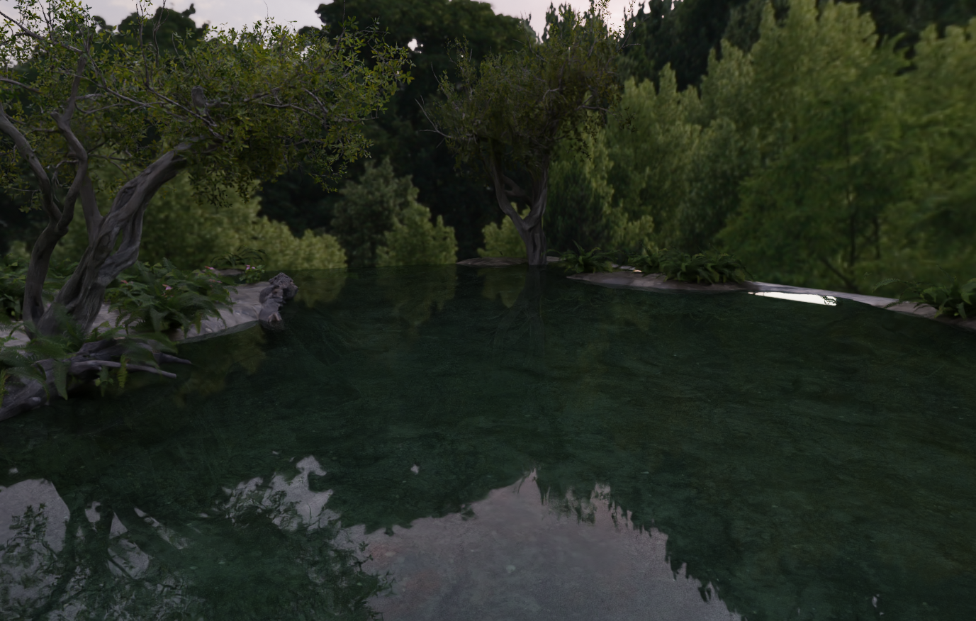 A custom water material was made to capture detailed reflections while hiding seams and imperfections in the background.