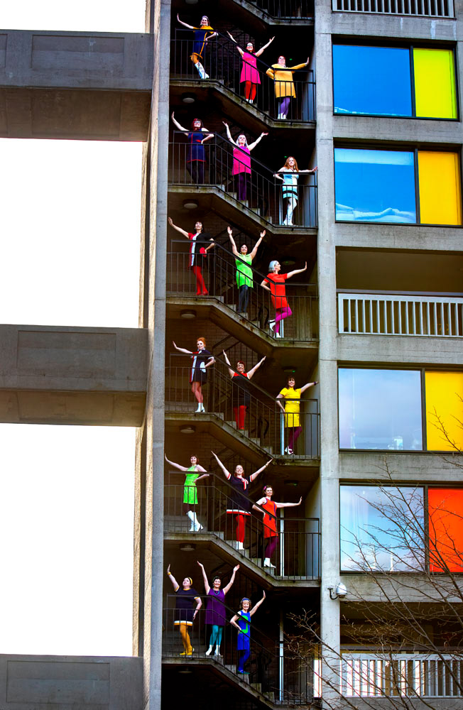 Ladies from Sheffield’s ‘Charleston a Go-Go’ dance group, performing at The Park Hill flats, Sheffield.