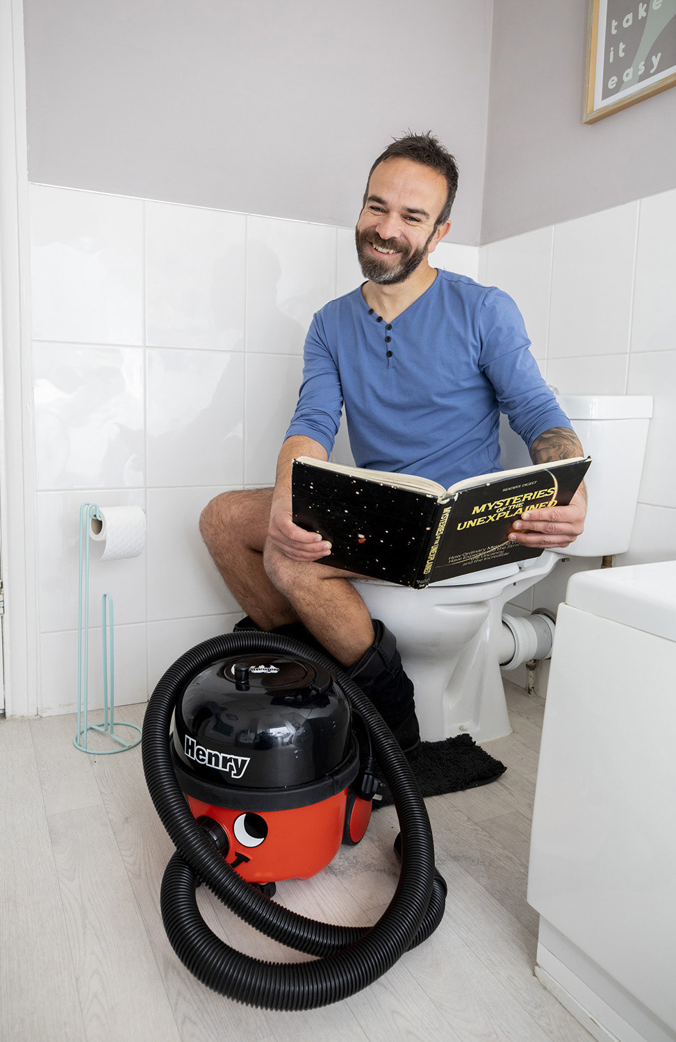 Jonny Marsh takes the family hoover on days out around his local area – he’s taken it to various locations, to the park, out for coffee, to work with him,and even the toilet. He posts the funny videos on Youtube and has gained a huge following. He runs a business selling Henry Hoover parts. Lucy Ray/Caters News