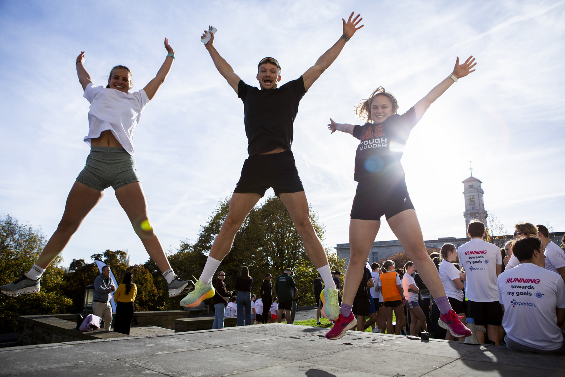 Kate Kirk, 20, Jonny Davies and Izzy Anderton, 22, take part in Experian’s ‘Run for Your Money’ event. PA Media assignments/Lucy Ray