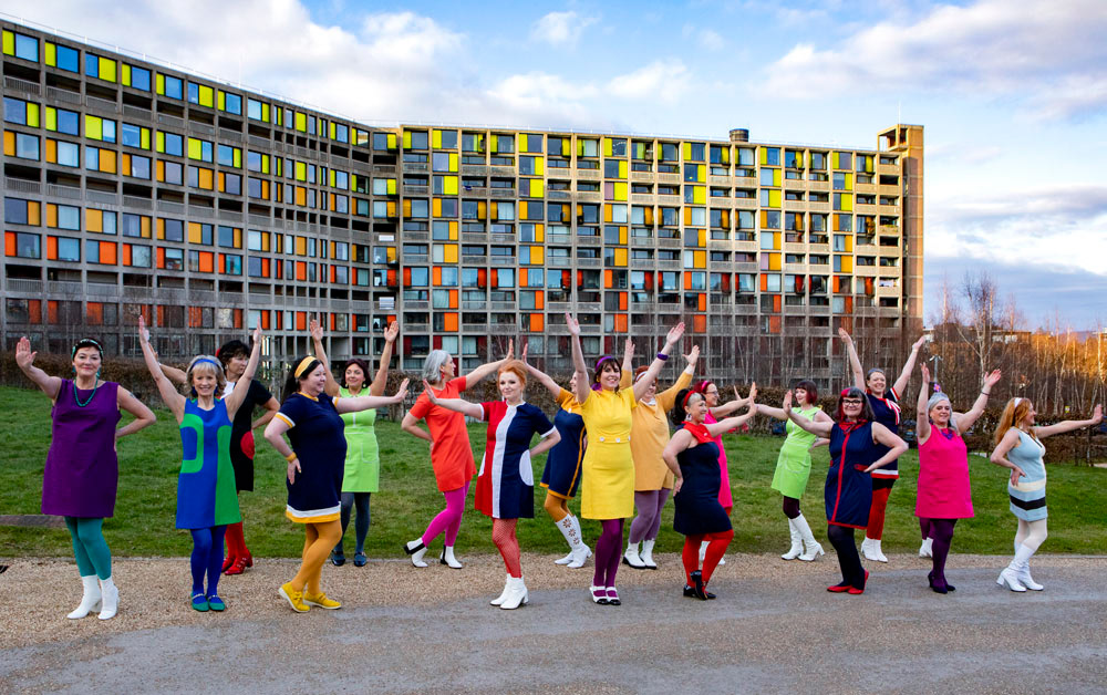 Ladies from Sheffield’s ‘Charleston a Go-Go’ dance group, performing at The Park Hill flats, Sheffield.