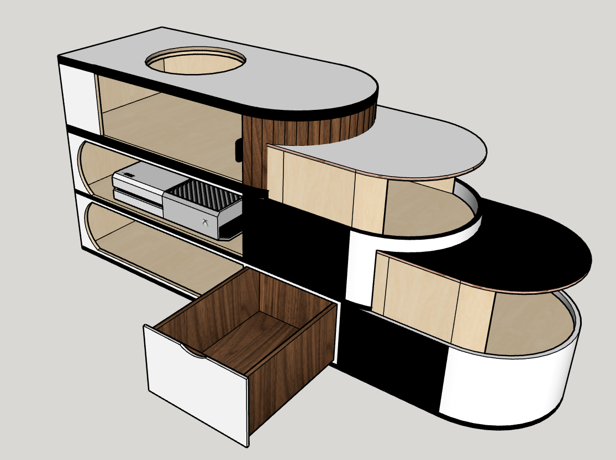 Final design would feature two pop up storages and a drawer for small appliances and games