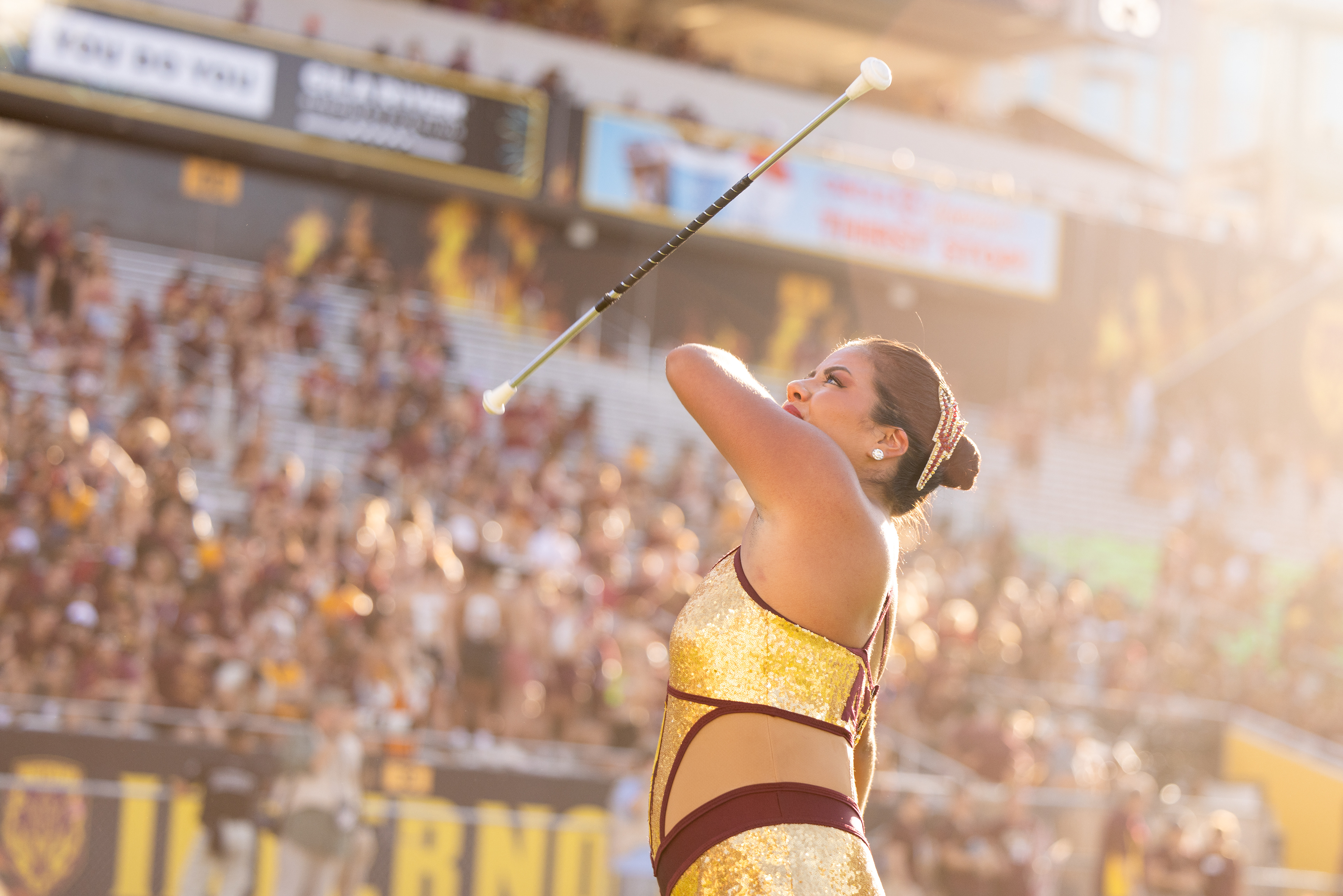 ASU feature twirler Brooke McClainn before the football game against Kansas at Mountain America Stadium in Tempe on Oct. 5, 2024. (Photo by Samantha Chow/Arizona State University)