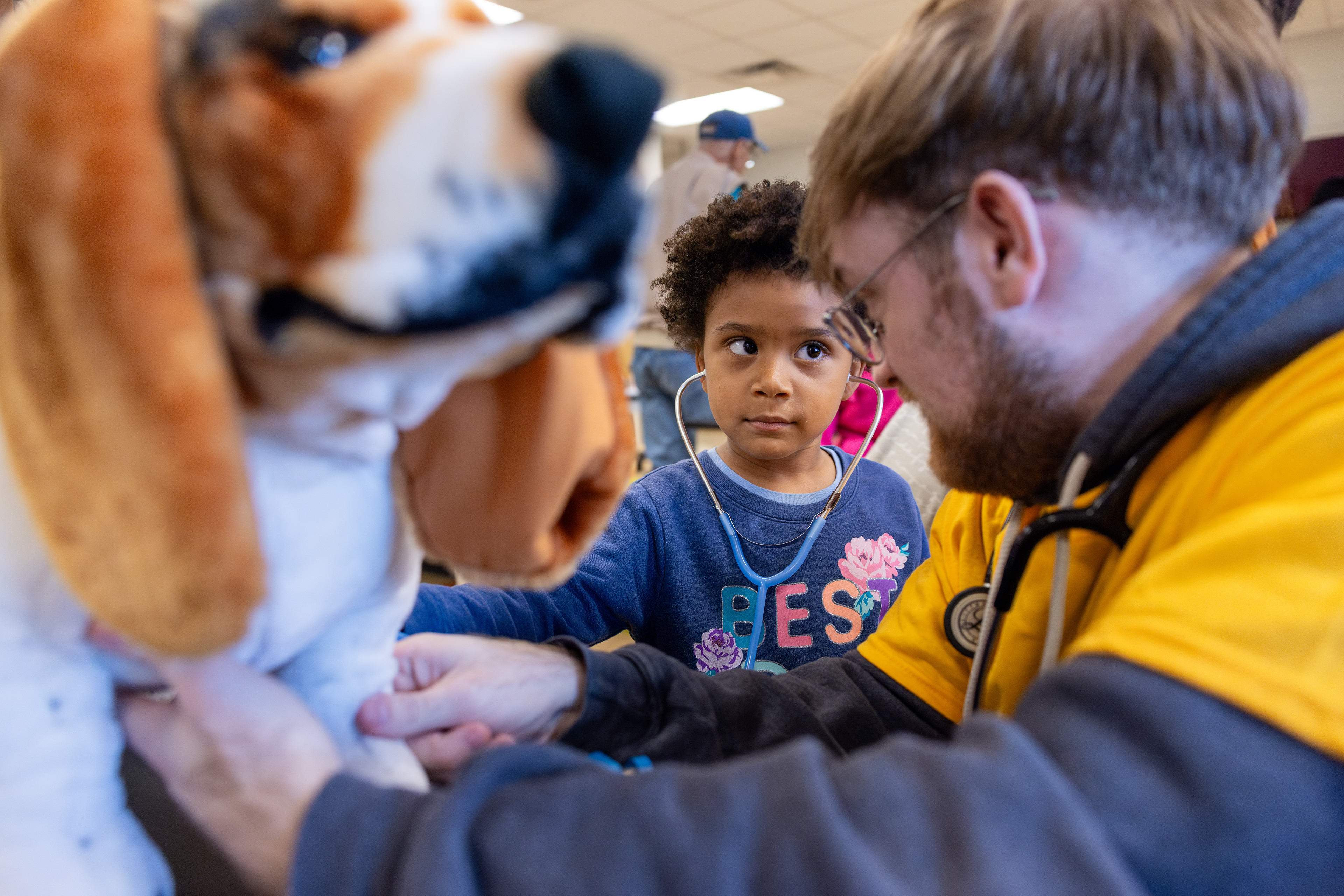Four-year-old Sita Hebie pretends to listen to a stuffed dog’s heartbeat in the “stuffed animal hospital” at ASU Open Door at the Polytechnic campus in Mesa on Feb. 17, 2024. (Photo by Samantha Chow/Arizona State University)