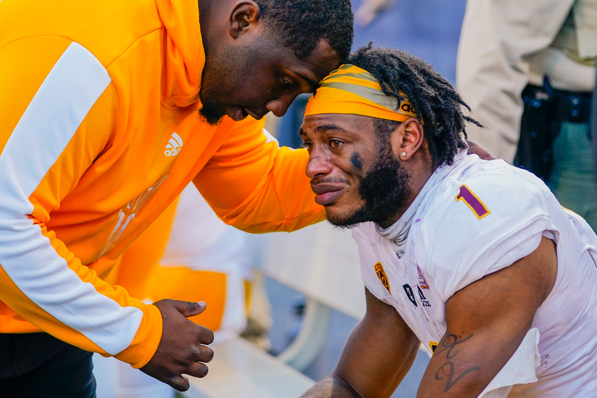 Arizona State running back Xazavian Valladay (1) on the sideline at the conclusion of the Territorial Cup game against University Arizona at Arizona Stadium in Tucson on Nov. 19, 2022. Arizona State lost 38-35, their first loss against UA in six years. (Samantha Chow/Arizona State University)