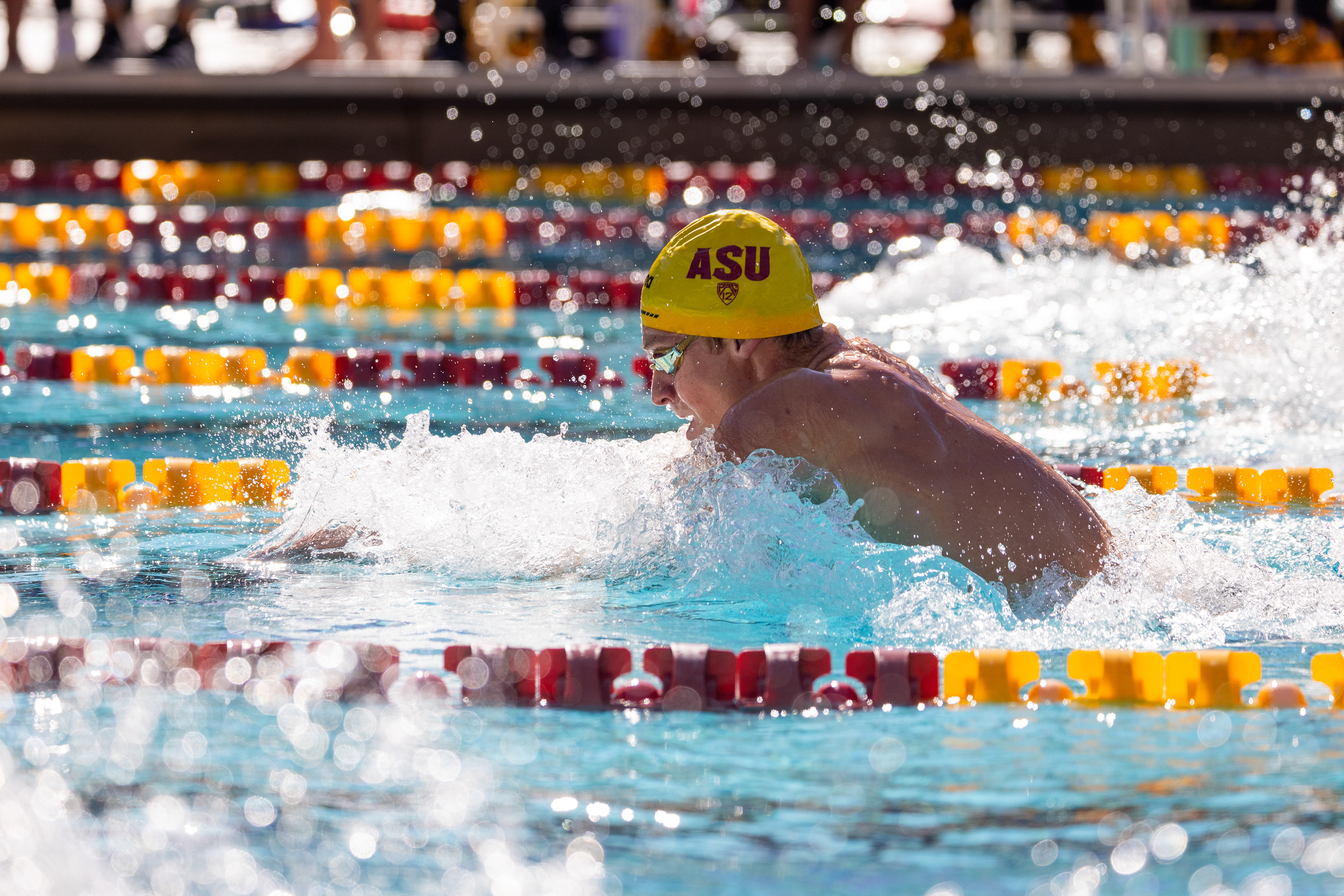 ASU junior swimmer Leon Marchand competes in the men’s 100-yard breaststroke during the swim and dive meet against GCU at Mona Plummer Aquatic Center in Tempe on Jan. 6, 2024. (Photo by Samantha Chow/Arizona State University)