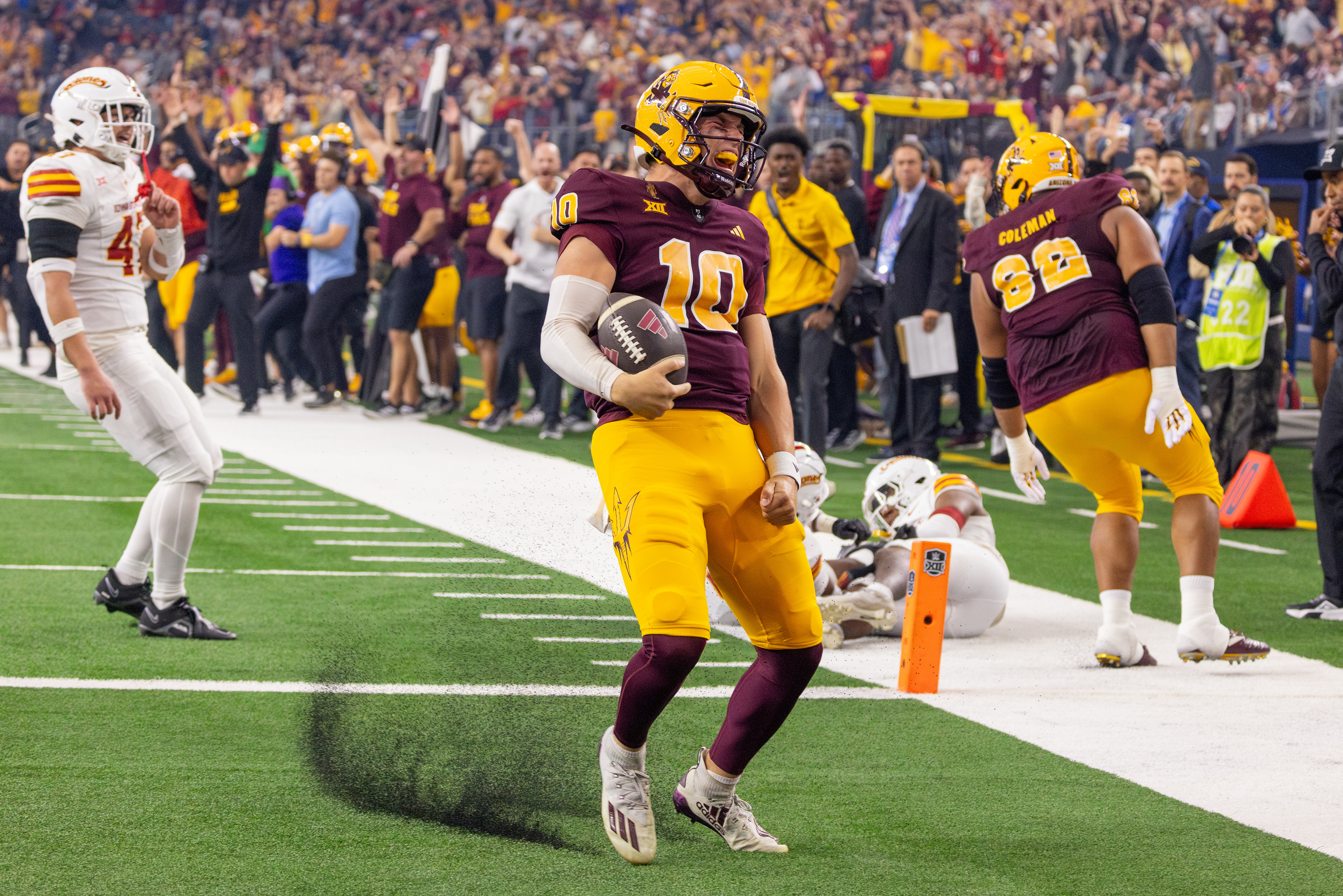 ASU redshirt freshman quarterback Sam Leavitt (10) celebrates a touchdown during the Dr Pepper Big 12 Football Championship game against Iowa State at AT&T Stadium in Arlington, Texas, on Dec. 7, 2024. (Photo by Samantha Chow/Arizona State University)