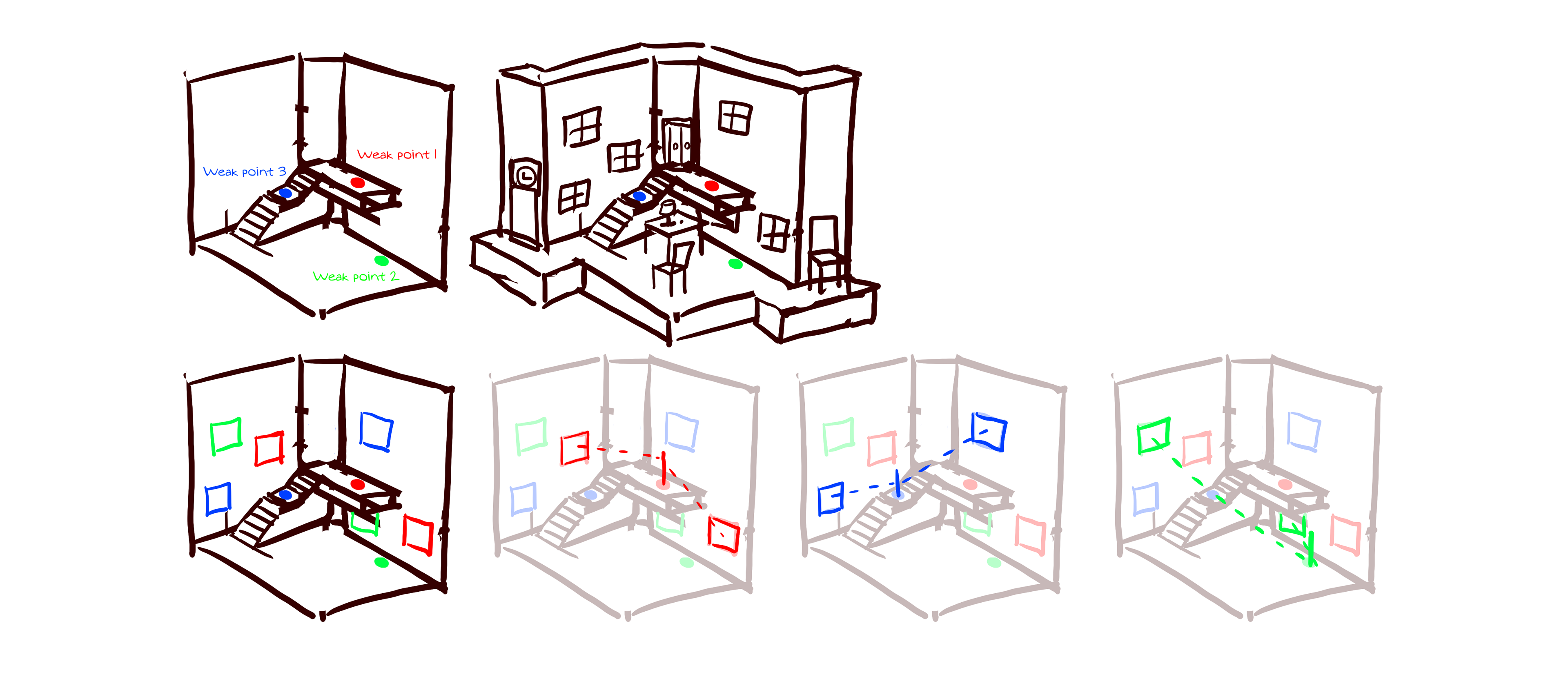 This is a proposal layout for the cabin. The challenge in designing the level was to create a house that was interesting to look at, offered unique sightlines for each window, and could be easily translated from digital to physical metrics.