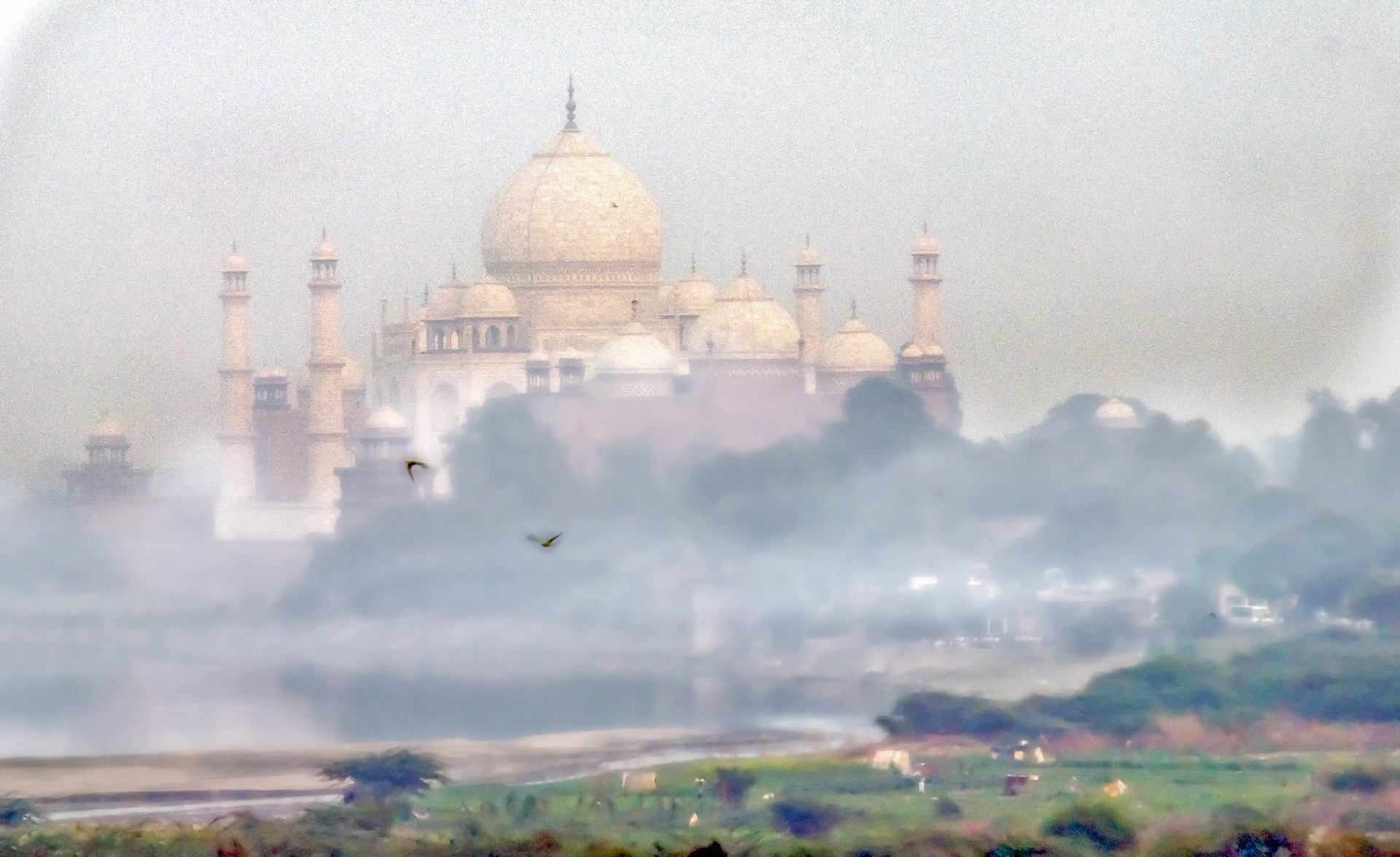 The Taj seen through the mist over the Yamuna river