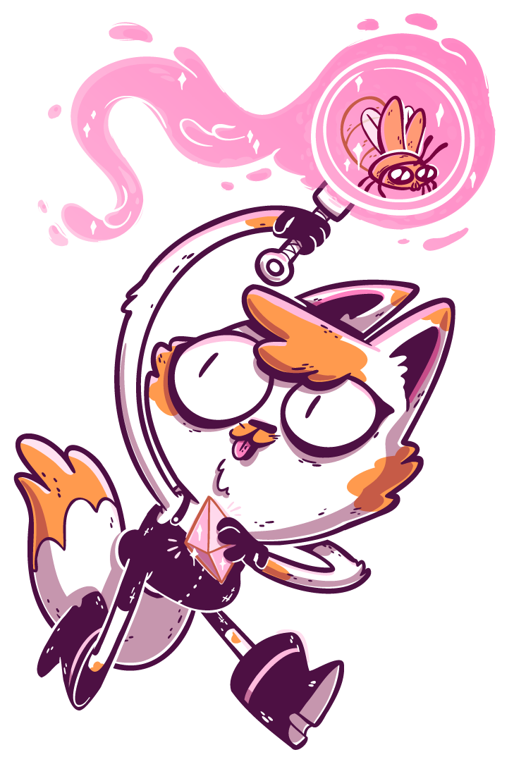 Cat running with a glowing bug and a crystal