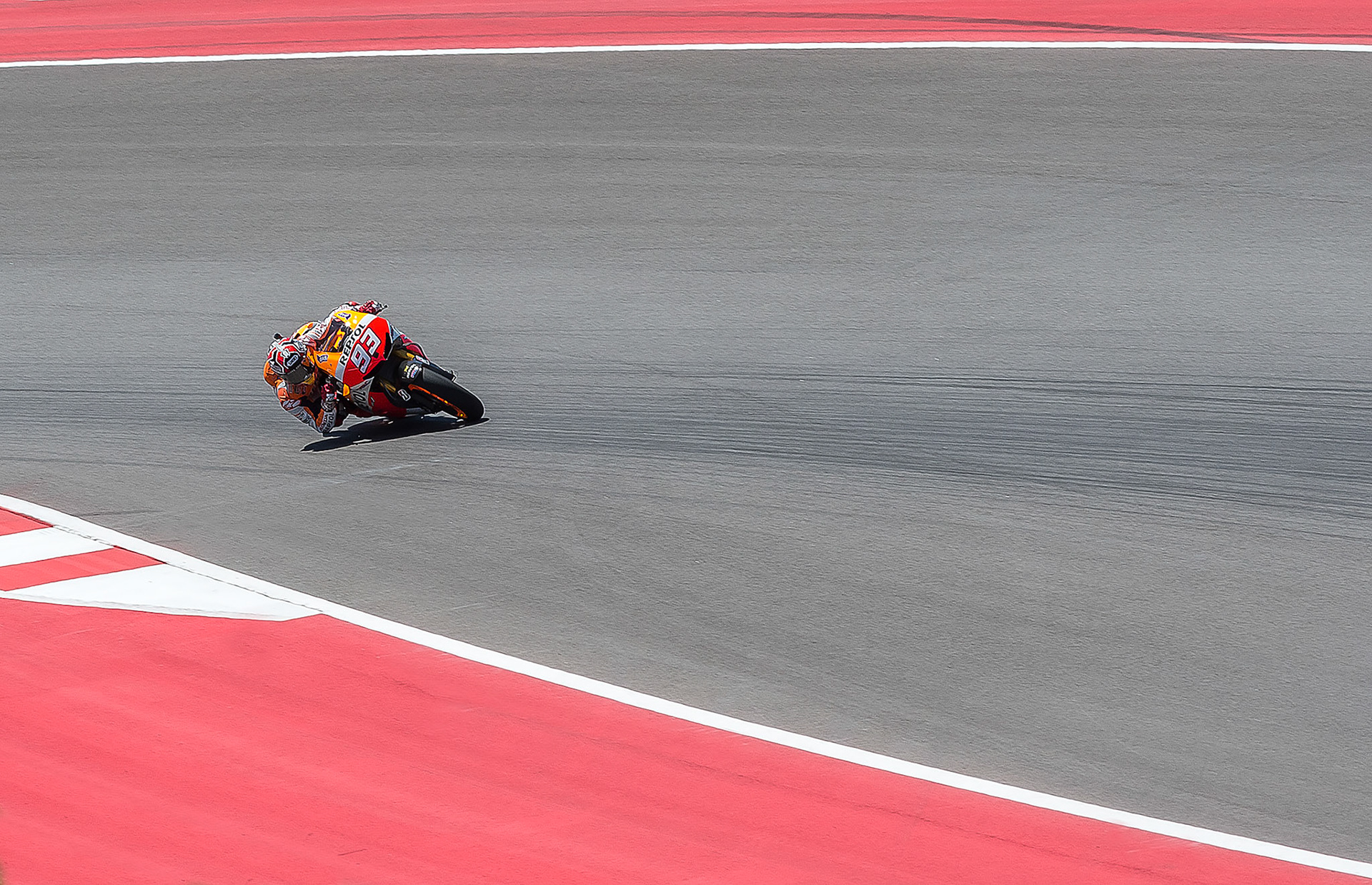 Marc Marquez exits turn two at Circuit of the America's. 