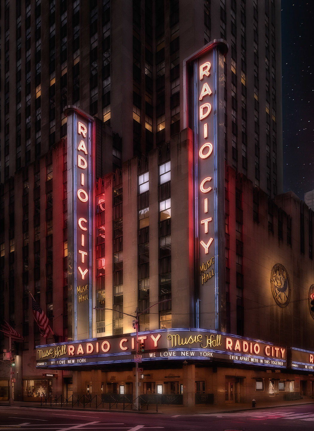 Radio City at night with empty streets during the COVID19 lock down in New York City.