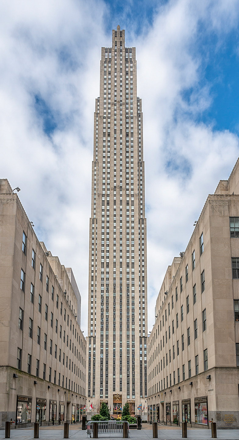 30 Rock towers above an empty plaza and an empty New York City during the COVID19 lock down.