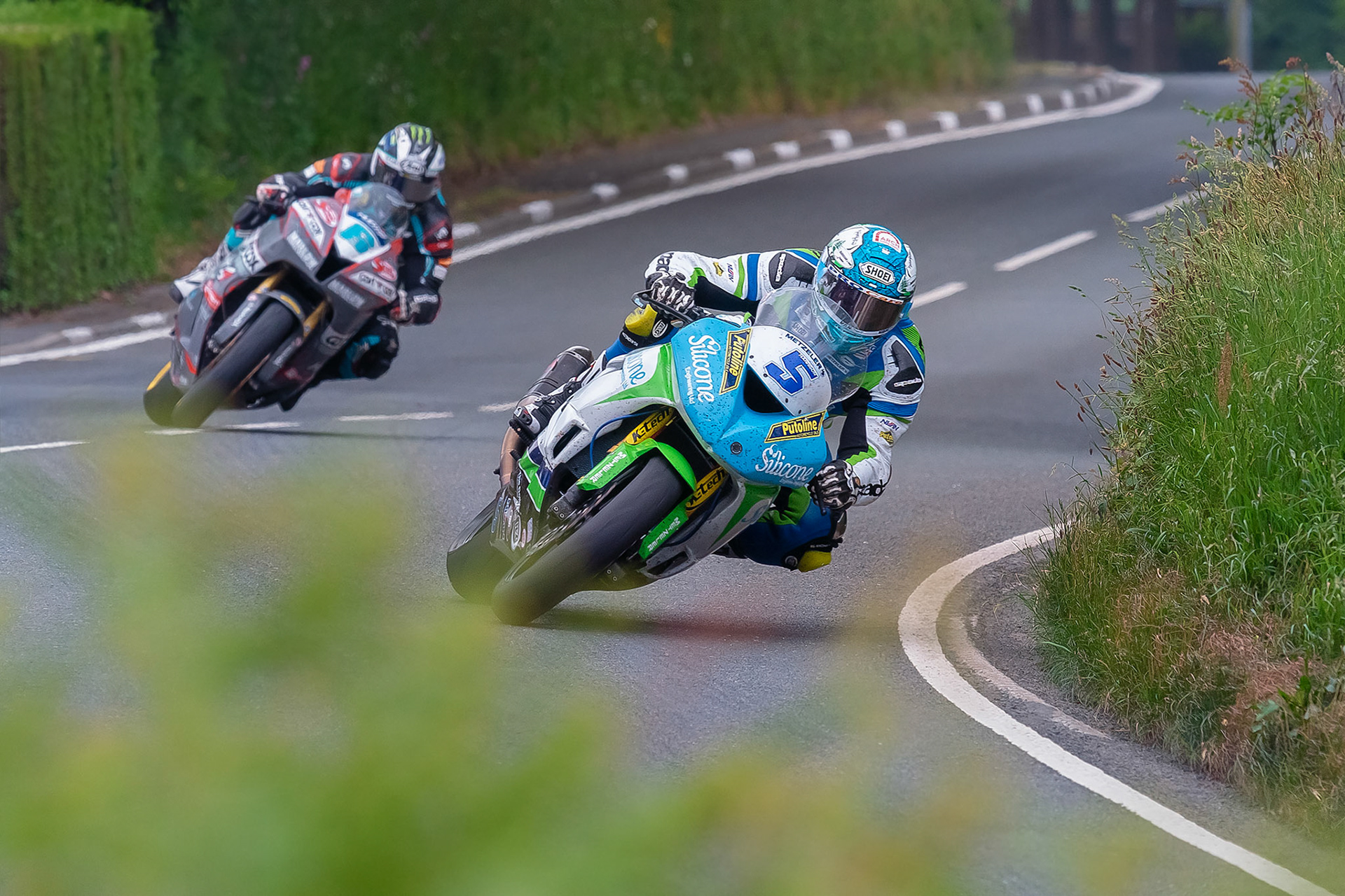 Dean Harrison leads Michael Dunlop thru Barregarrow