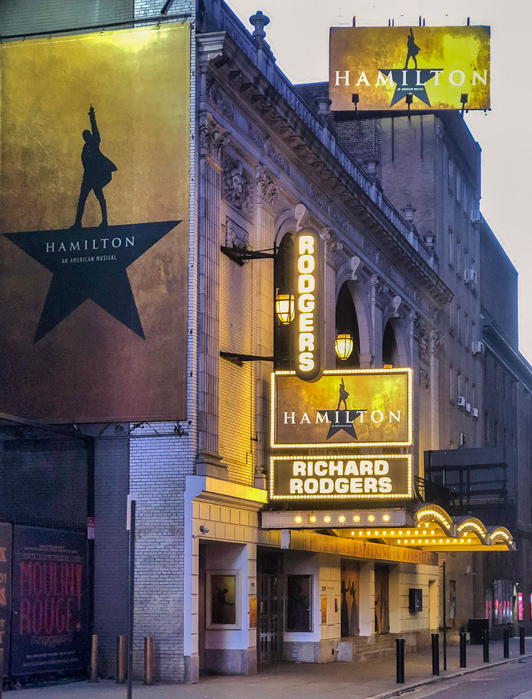 Broadway closed and the streets are empty out side the theater hosting the infamous play Hamilton.
