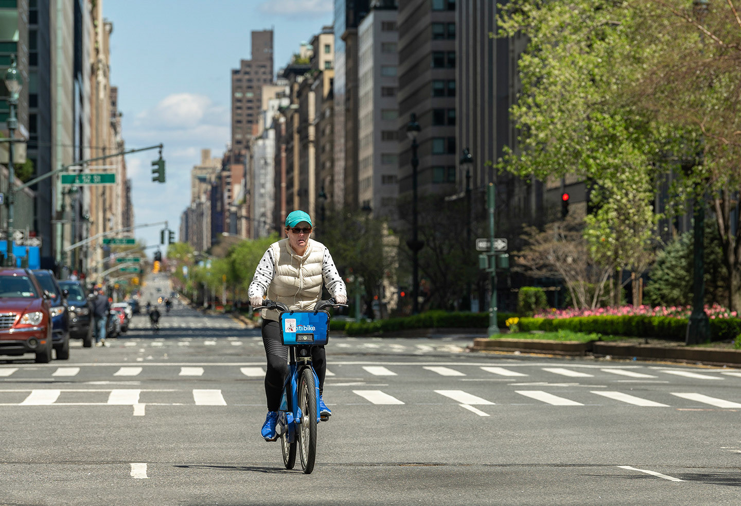 Cyclist on a carless Park Ave in New York City during COVID19 lockdown