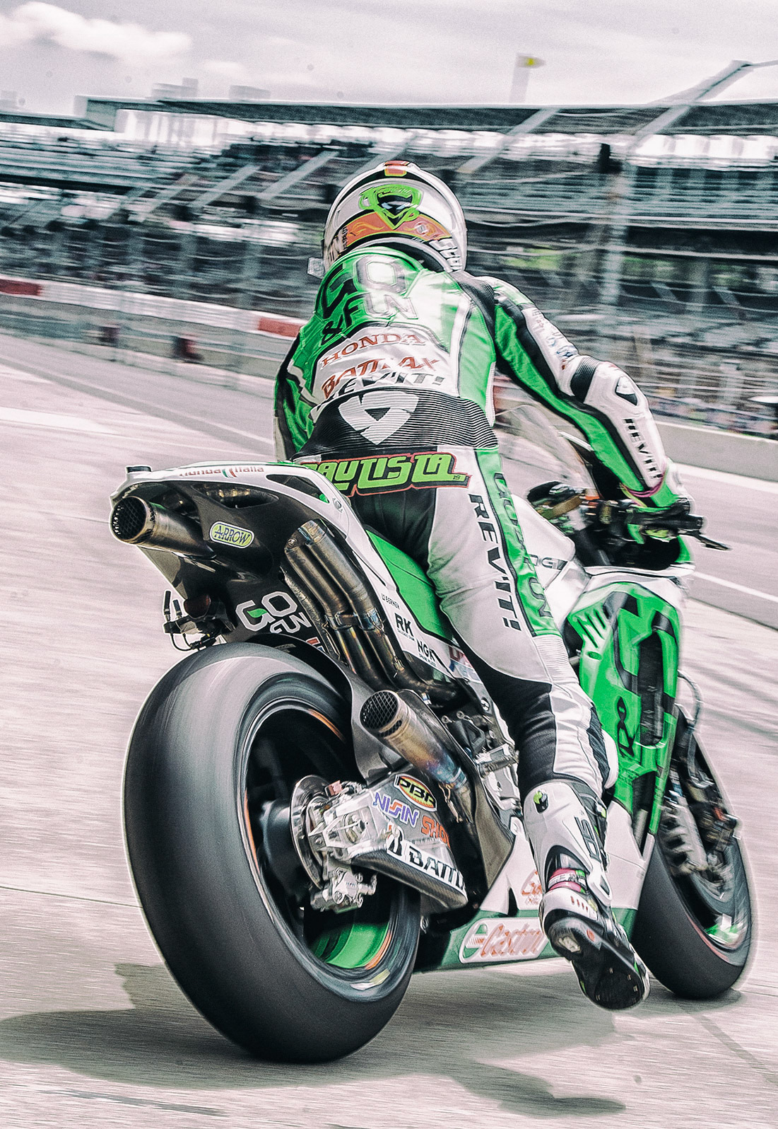 Alvaro Bautista leaves the pit box during P2 of MotoGP