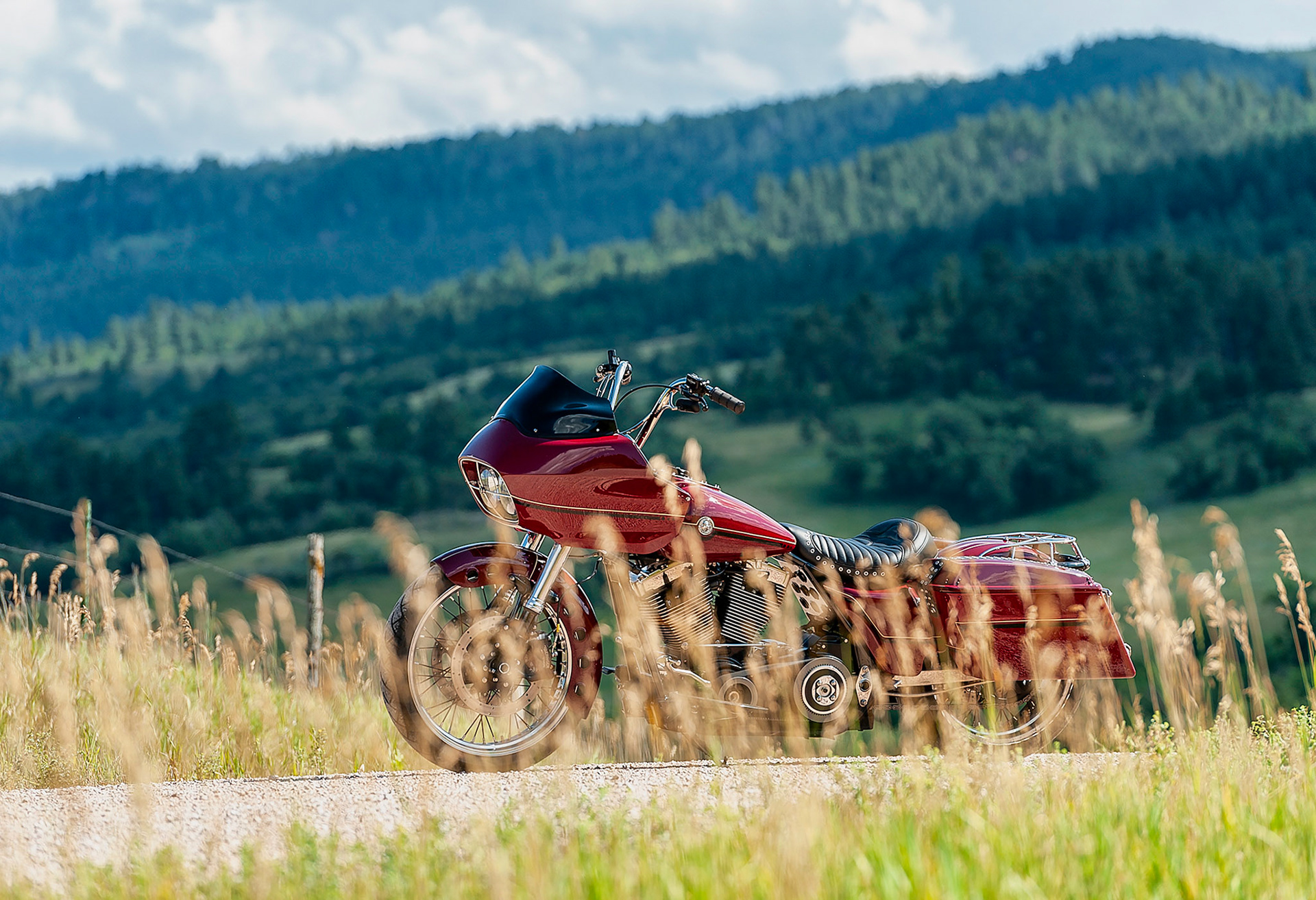Custom Harley 'bagger' in the hills of South Dakota