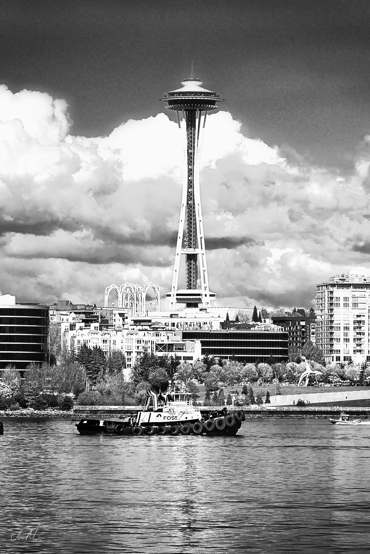B&W Foss tug and Seattle Waterfront Space Needle