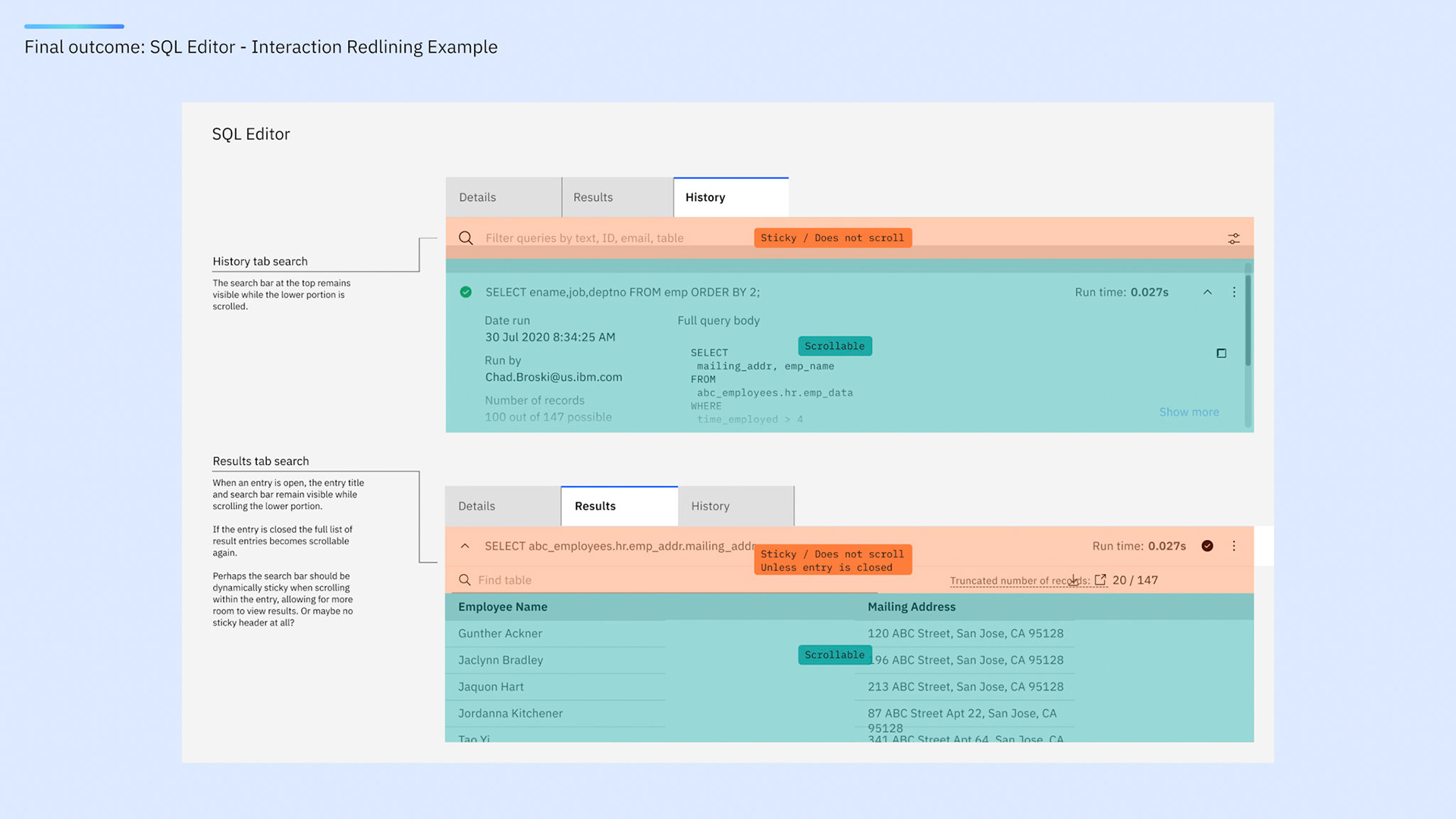 Hand-off: Results tab interaction details
