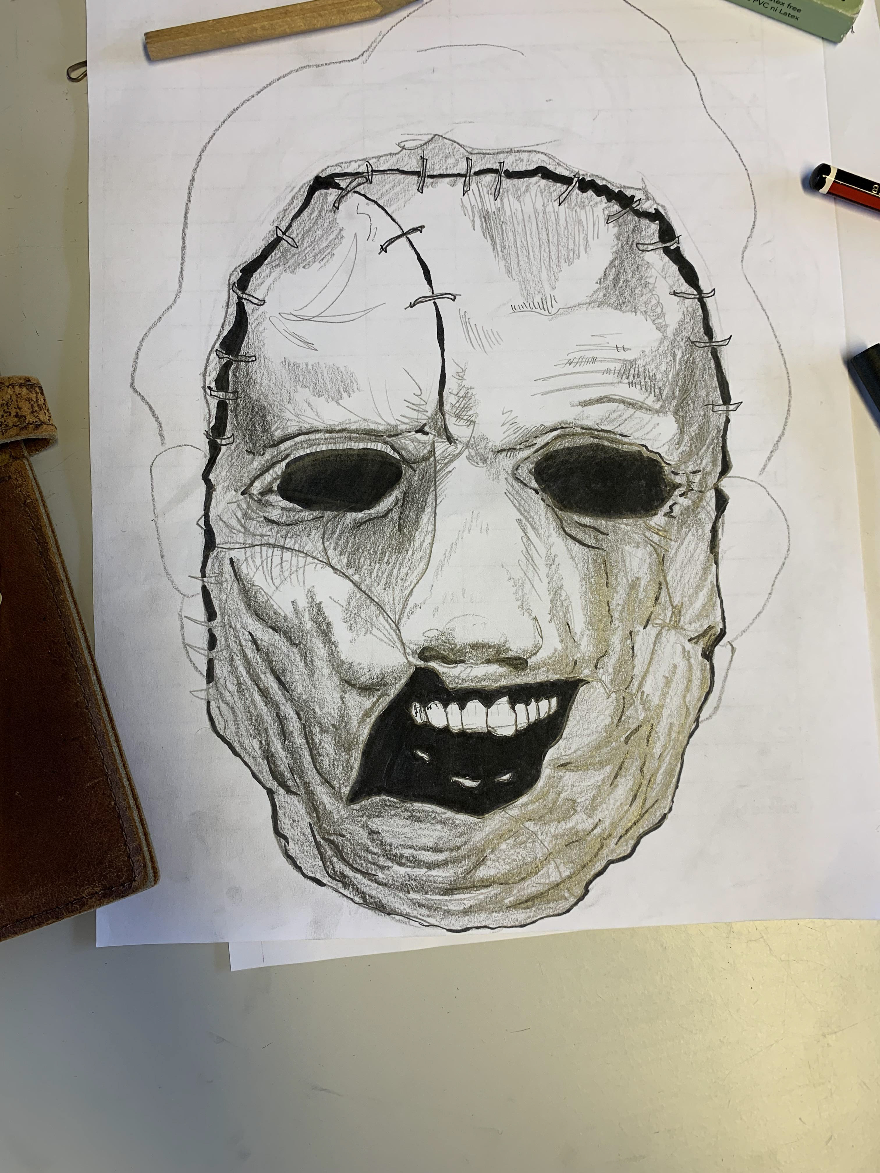 Drawing of a mask concept for Leatherface