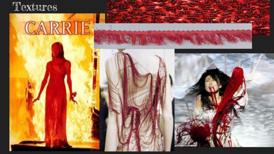 Carrie costume moodboard. Our group is focusing on textures united under a uniform colour, while incorporating the shine of blood with sequins.