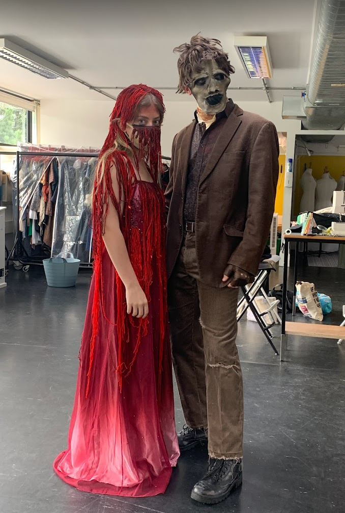 Carrie and Leatherface actors together. Our team shopped for these costume pieces in charity shops to stay within budget of £20 each actor.