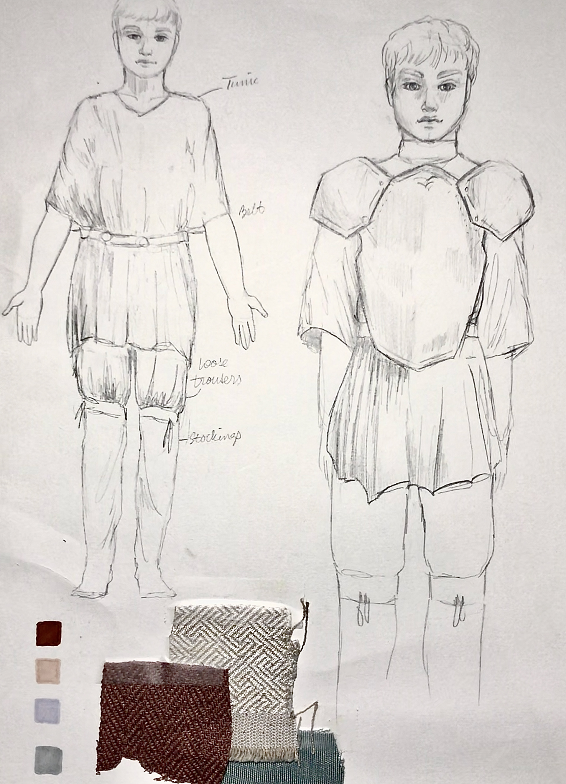 3. I created my rendering and included fabric samples and a colour palette at the bottom of the rendering. I used online references for the anatomy of the drawing.