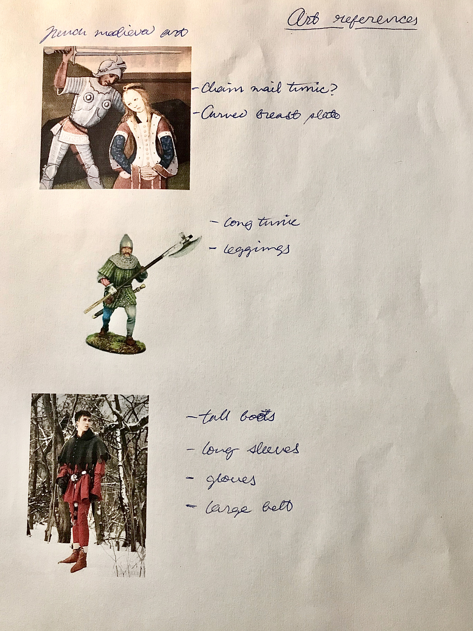 1. I first researched French medieval art to get an accurate image of what soldiers were wearing at the time.