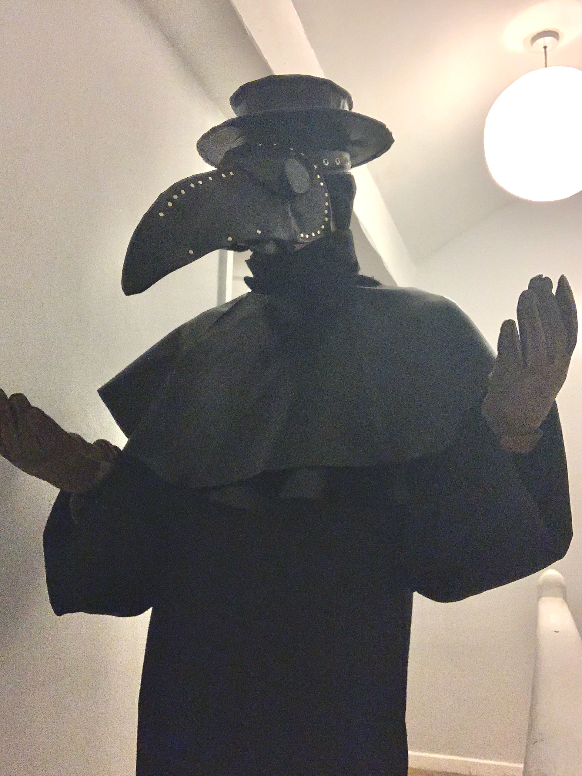 A very simple priest's tunic was needed, as well as the faux leather cowl and flat top hat. These were very easy to sew without a pattern and I don't believe need much elaboration.