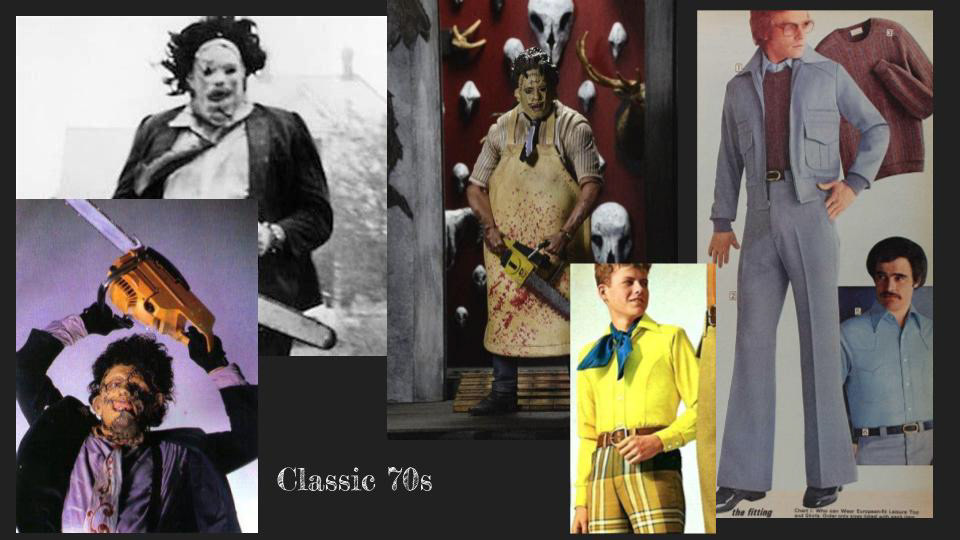 Leatherface costume moodboard. Though our group is keeping the classic mask to take advantage of full face coverage during the pandemic, we want to combine horror with the style of the year the film was produced.