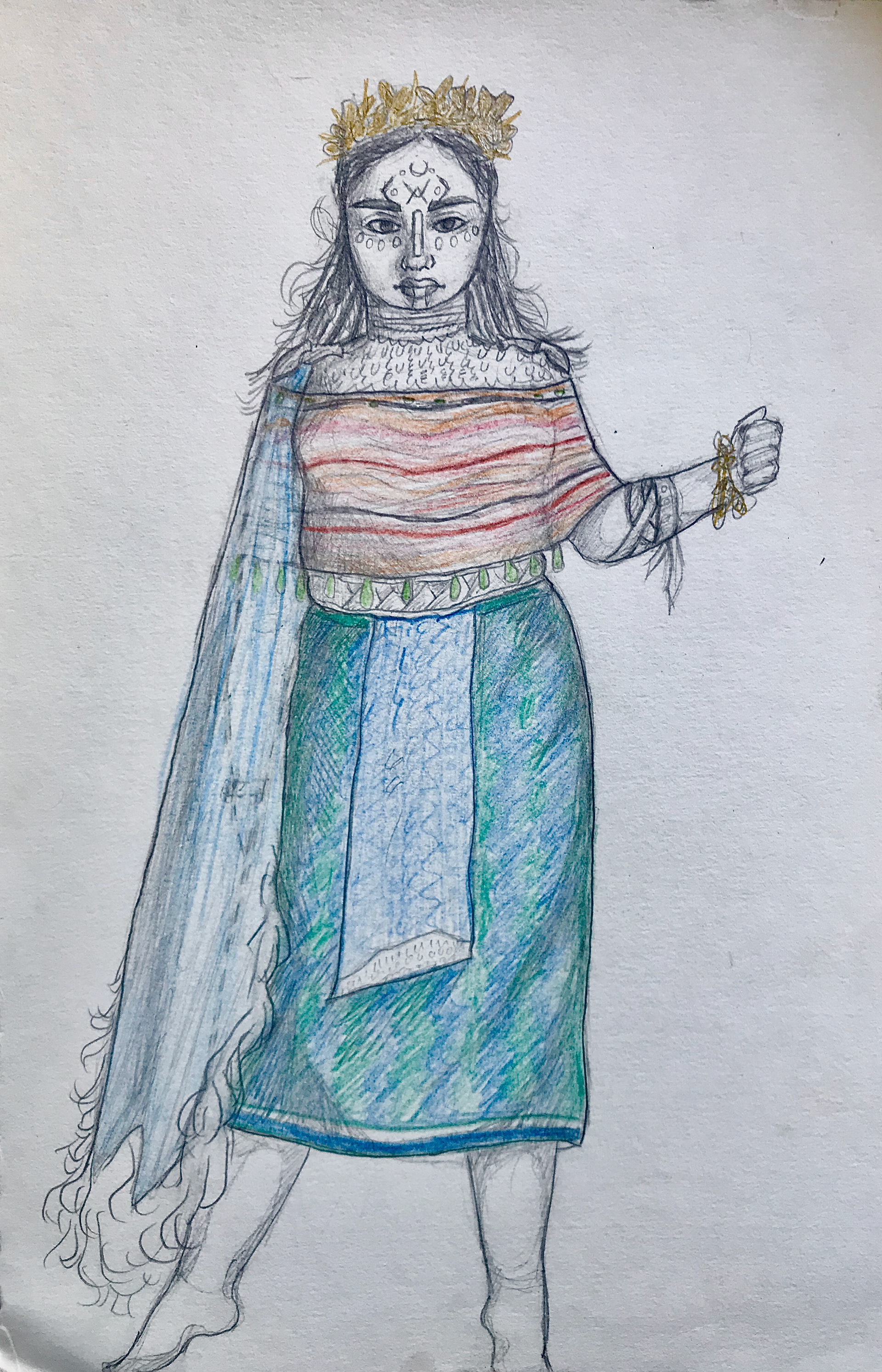 1. Final concept for Earth. The warm toned horizontal stripes were meant to represent the sky at sunset. The skirt patterns represents the greens of a forest and plant growth on the earth. The shoulder drape was the sheer flow of water and the feathers at the bottom of the drape was the foam of rushing water. The centered strip of fabric on the skirt also mimics a waterfall. Her hair is braided with flowers and butterflies as new life blossoms through the earth.