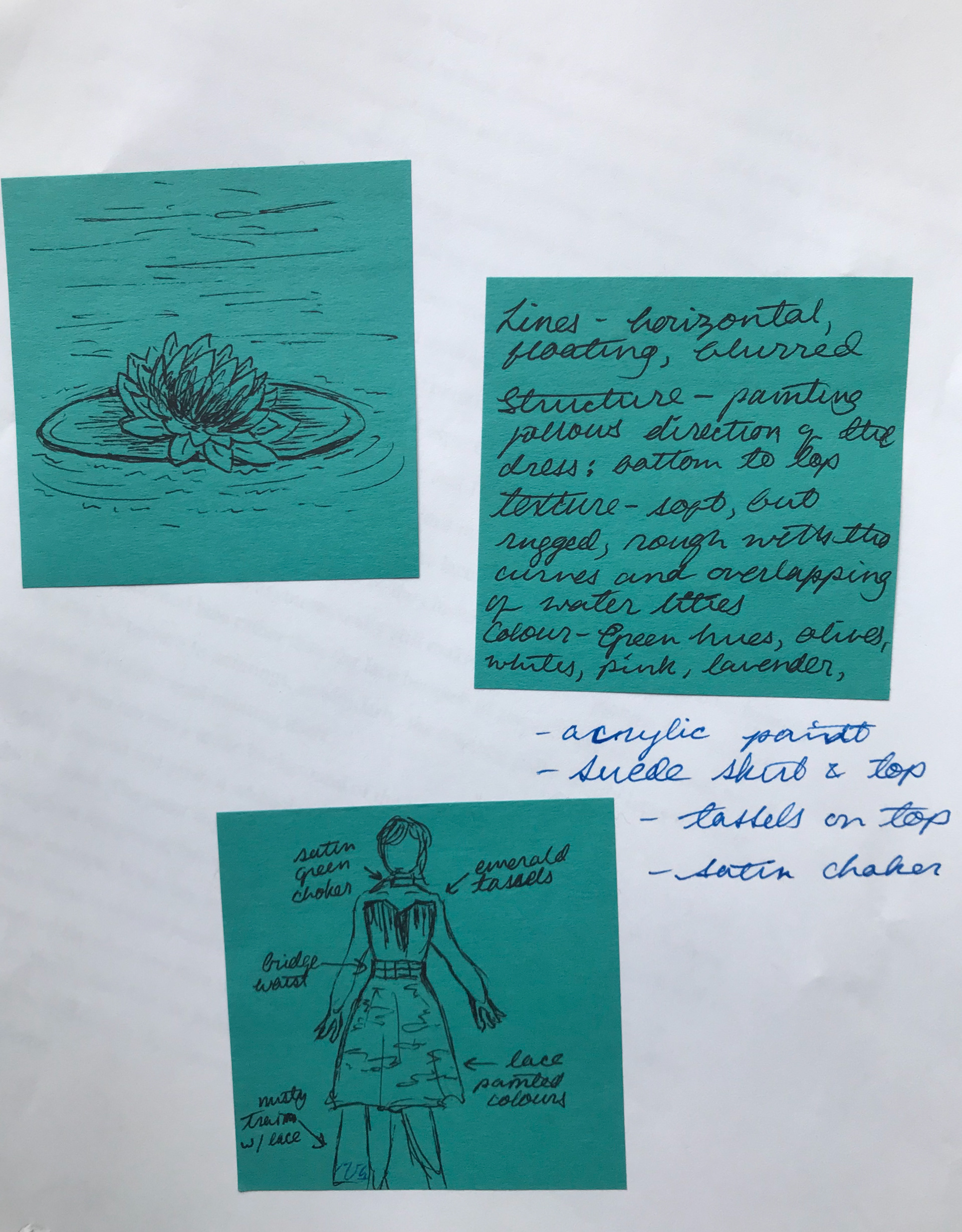 Notes I took in my jury binder. Ideas following the inspiration of the painting