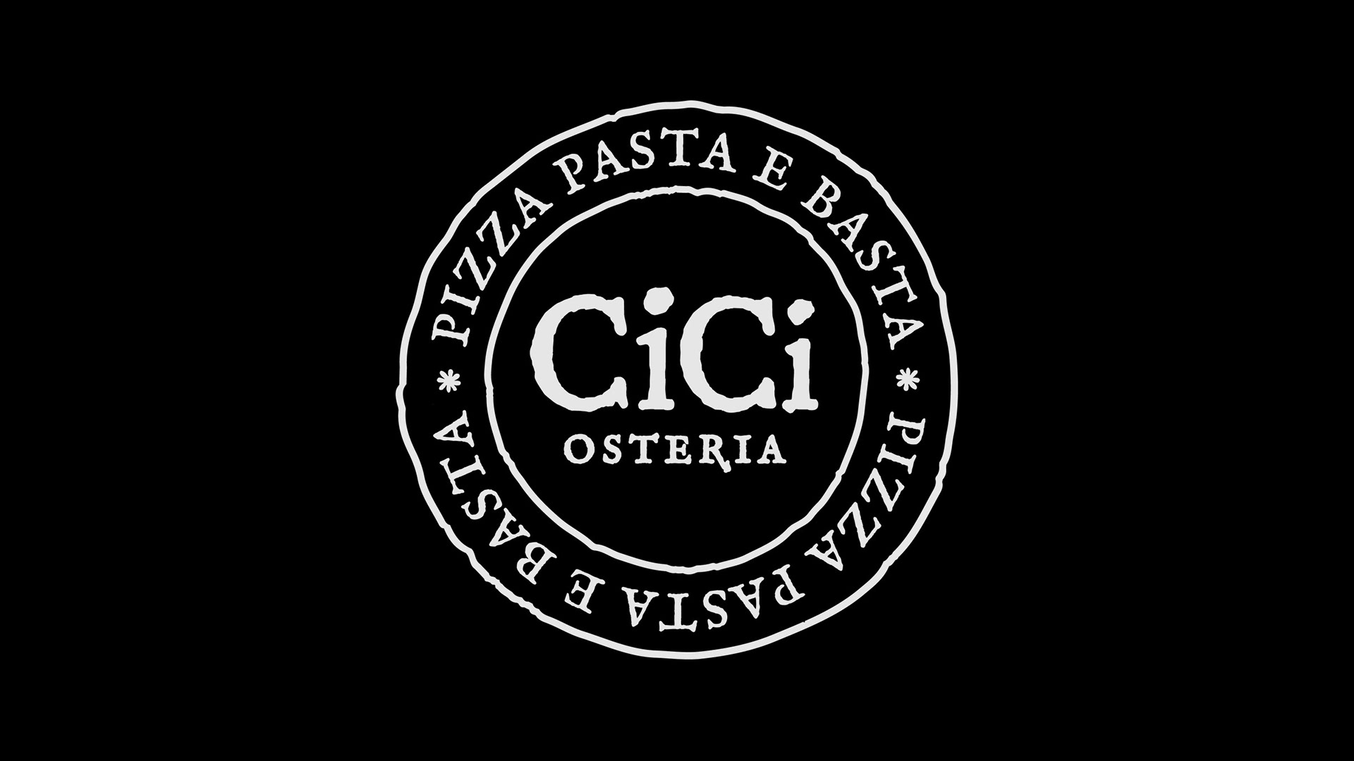 CiCi Osteria logo. Segl med omskriften Pizza Pasta e Basta, hvitt på sort. Logodesign av Page Black.