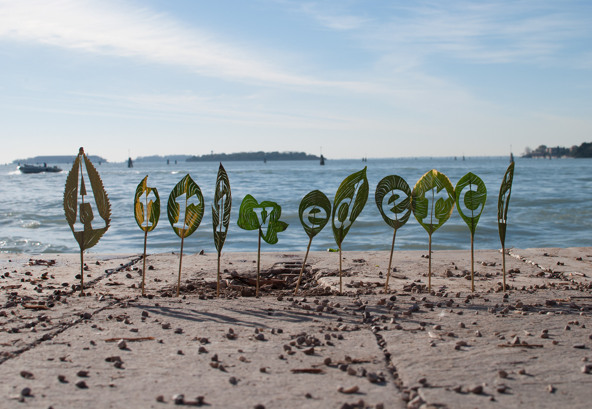 Arrivederci, 2013, hand cut leaves from the Giardini della Biennale. Installation length 70cm. Photography: Amanda Lee