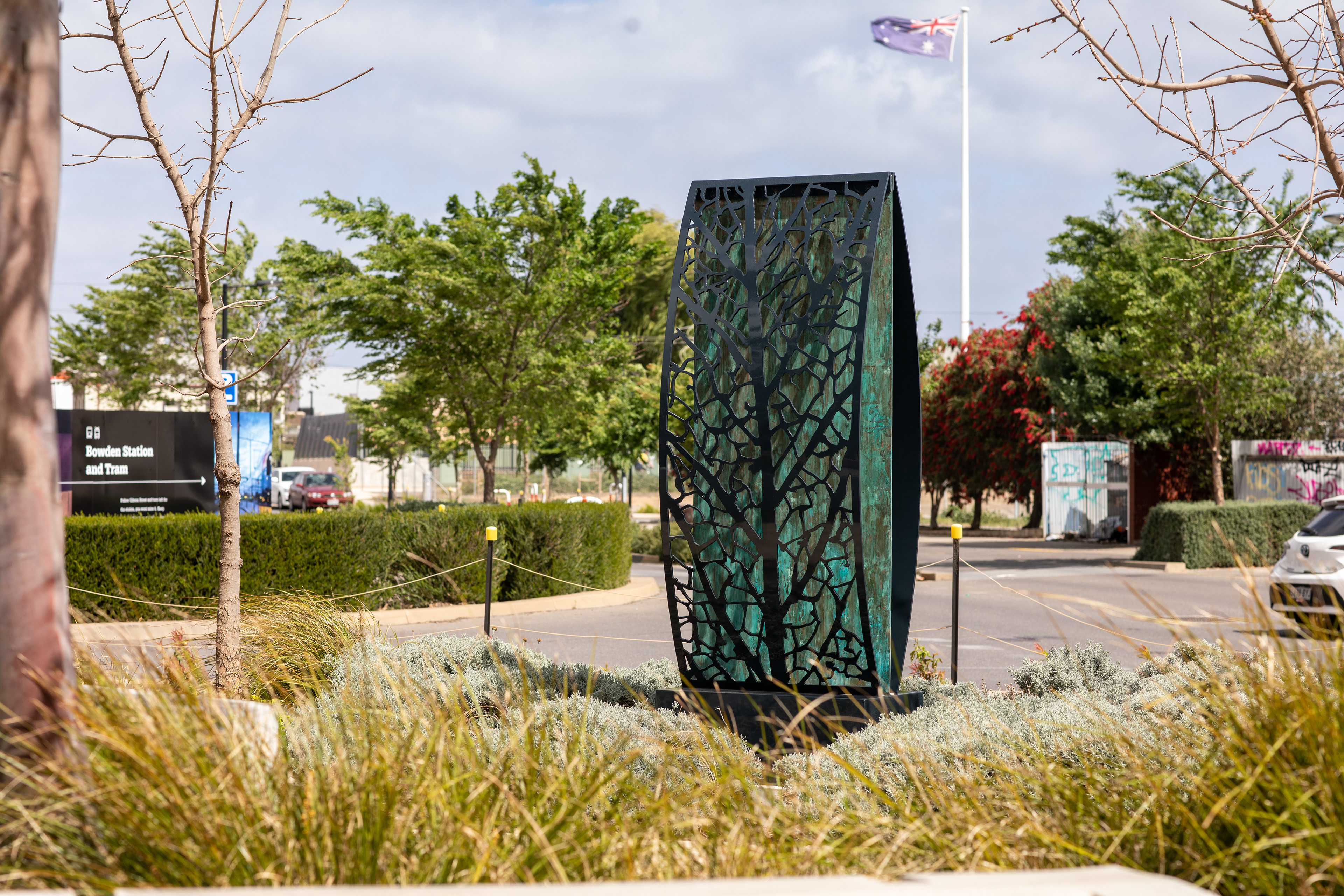Heidi Kenyon, 2020. Bowden Park town sign. Fabricated by Iguana Creative. Photography by James Knowler.